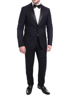Napoli Slim Fit Navy Blue Check Two Button Wool Tuxedo Suit