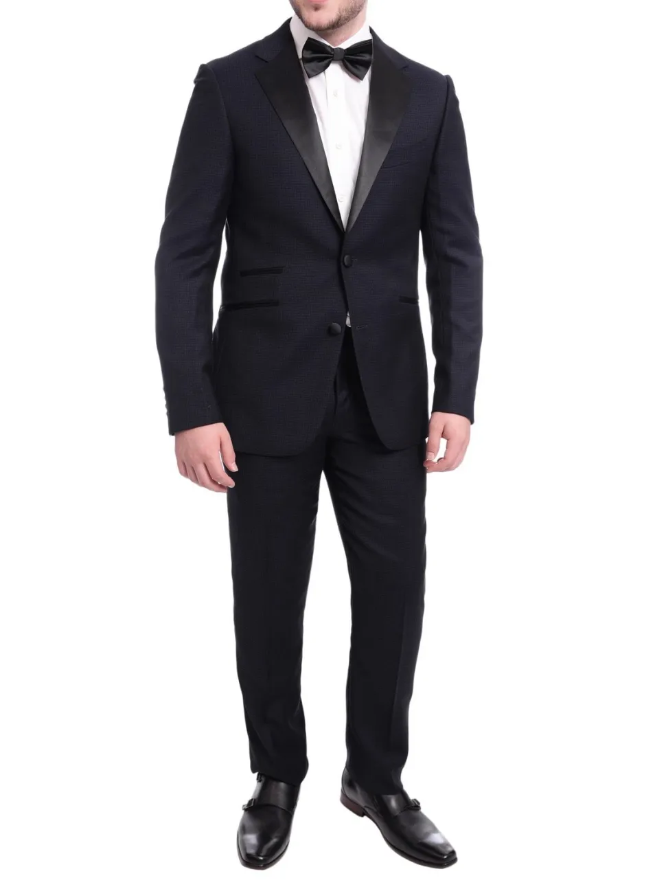 Napoli Slim Fit Navy Blue Check Two Button Wool Tuxedo Suit