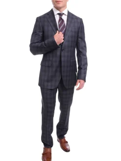 Napoli Slim Fit Navy Blue Glen Plaid Two Button Half Canvassed Reda Wool Suit