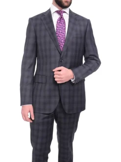 Napoli Slim Fit Navy Blue Glen Plaid Two Button Half Canvassed Reda Wool Suit