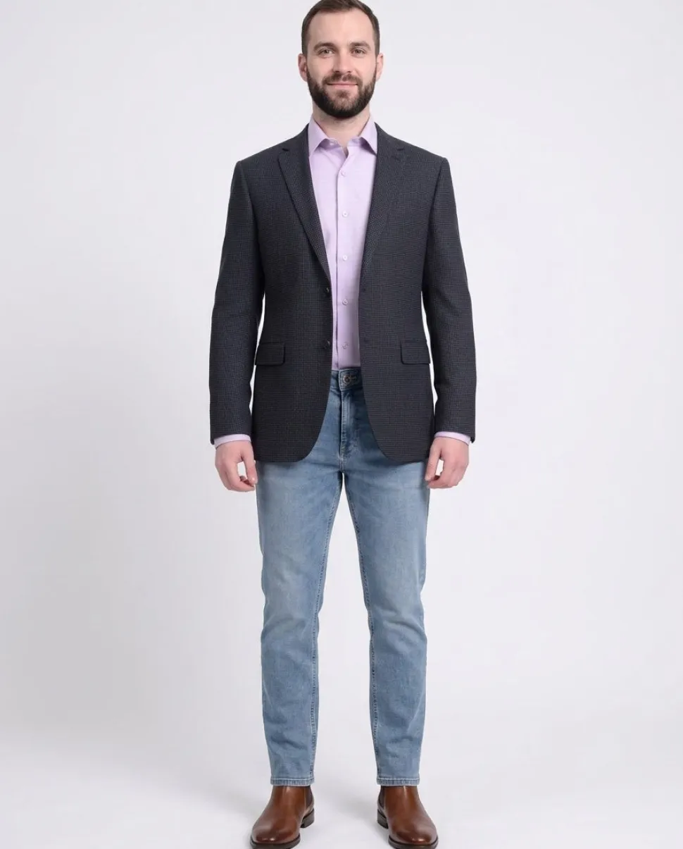Napoli Slim Fit Navy Blue Houndstooth Half Canvassed Zegna Wool Blazer Sportcoat