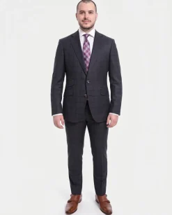 Napoli Slim Fit Navy Blue Plaid With Red Windowpane Half Canvassed Wool Suit