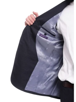 Napoli Slim Fit Navy Blue Textured Check Two Button Half Canvassed Wool Suit