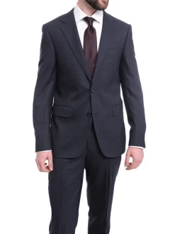 Napoli Slim Fit Navy Blue Textured Check Two Button Half Canvassed Wool Suit