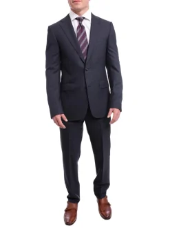 Napoli Slim Fit Navy Blue Textured Check Two Button Half Canvassed Wool Suit