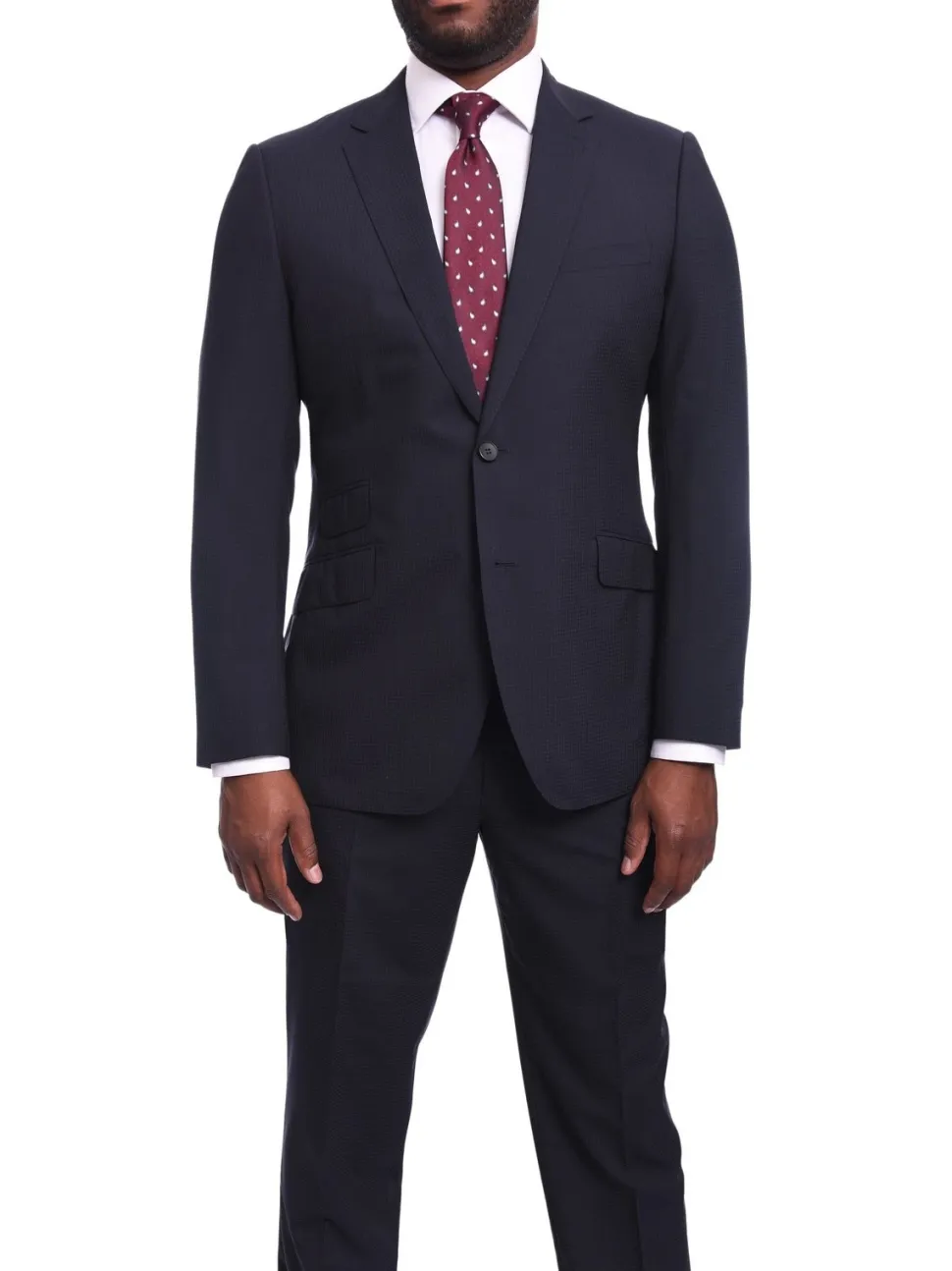 Napoli Slim Fit Navy Blue Tonal Check Half Canvassed Marzotto Wool Suit