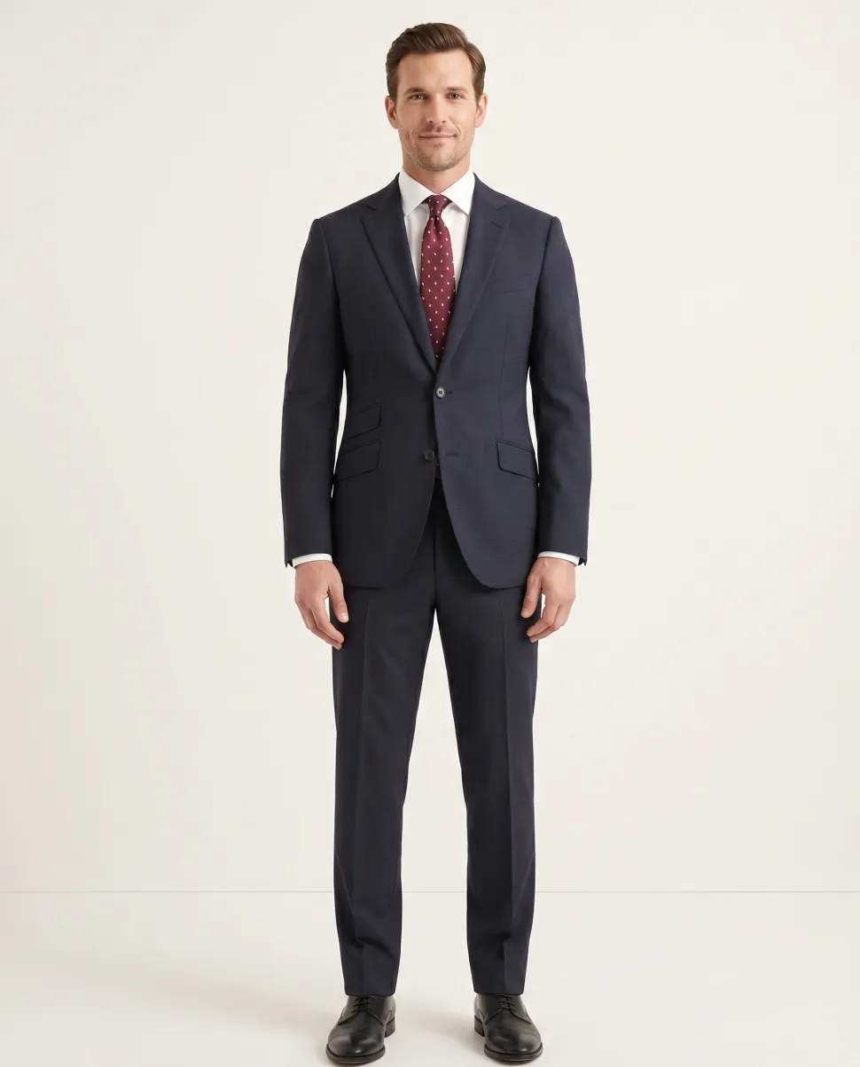 Napoli Slim Fit Navy Blue Tonal Check Half Canvassed Marzotto Wool Suit