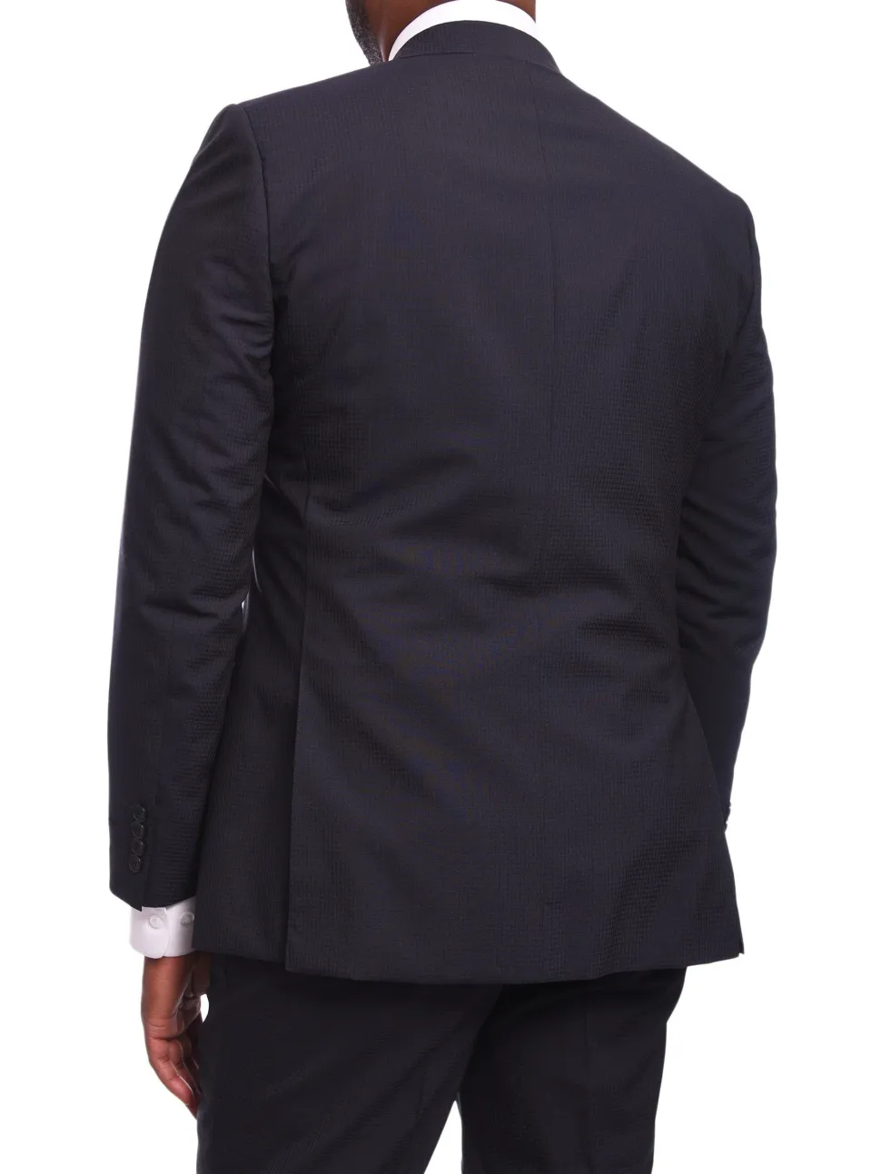 Napoli Slim Fit Navy Blue Tonal Check Half Canvassed Marzotto Wool Suit