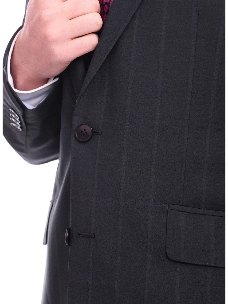 Napoli Slim Fit Navy Blue Windowpane Plaid Two Button Half Canvassed Wool Suit