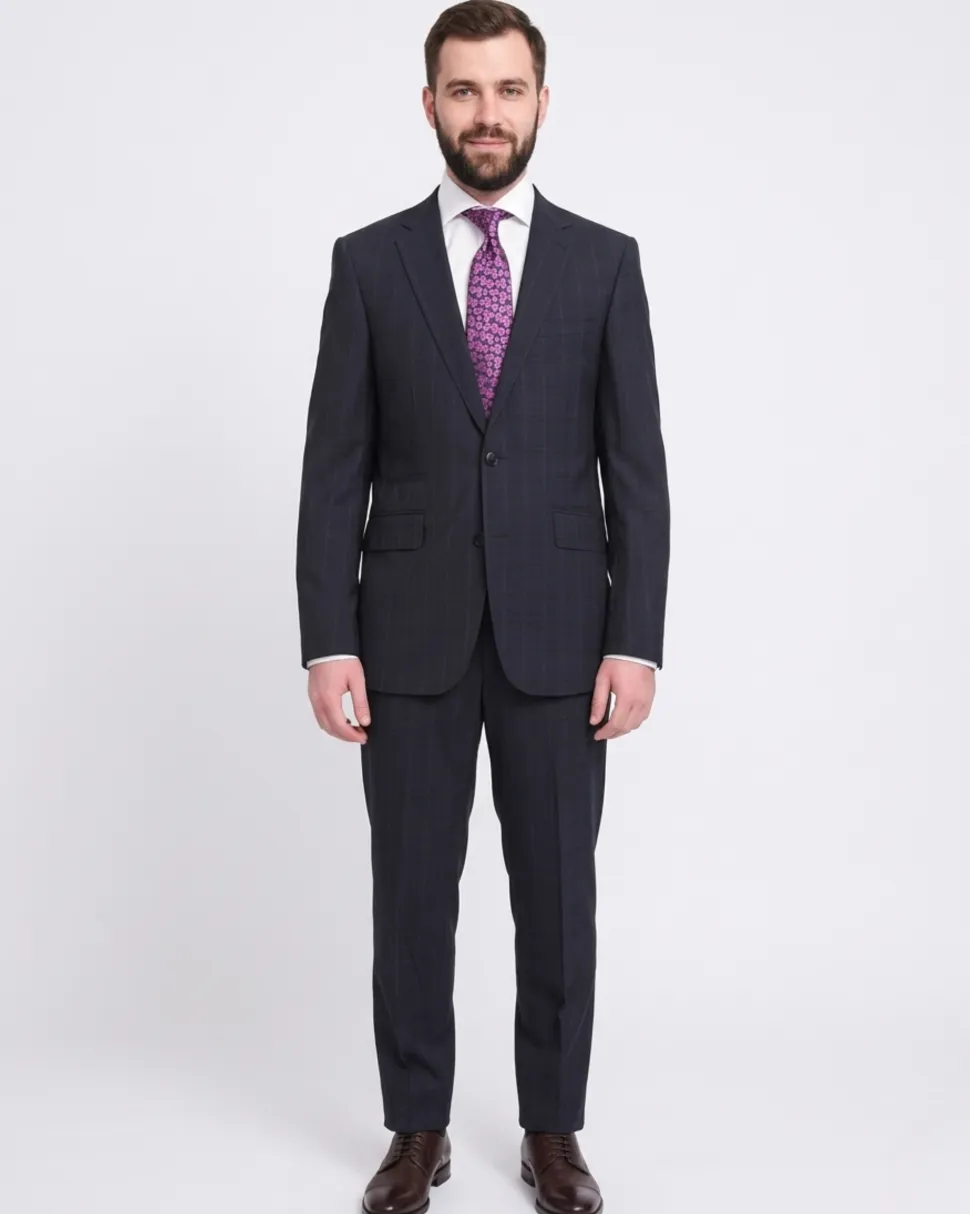 Napoli Slim Fit Navy Blue Windowpane Plaid Two Button Half Canvassed Wool Suit
