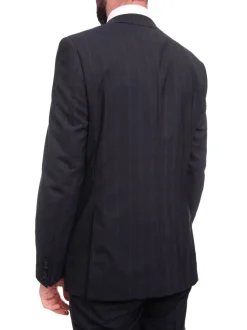 Napoli Slim Fit Navy Blue Windowpane Plaid Two Button Half Canvassed Wool Suit