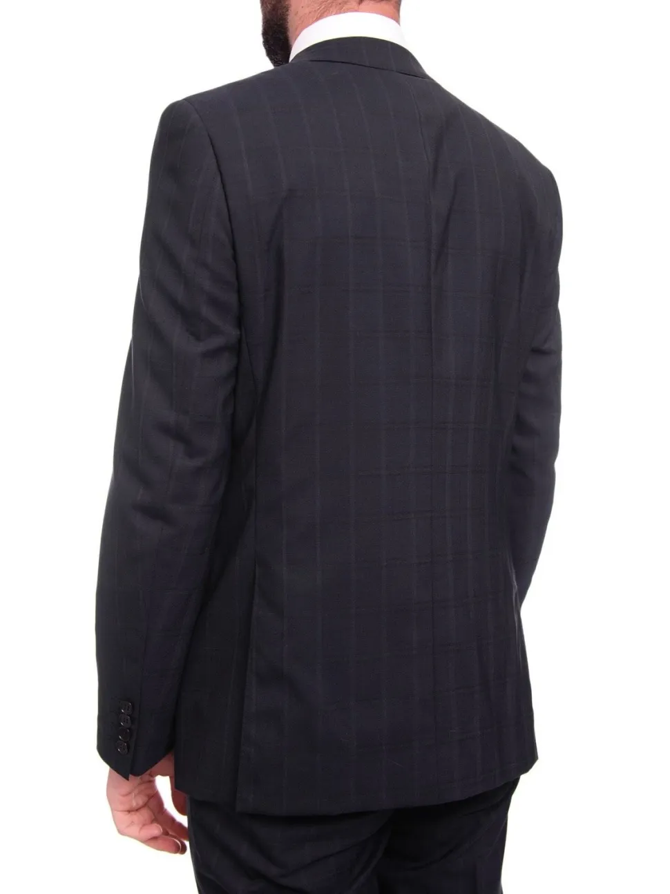 Napoli Slim Fit Navy Blue Windowpane Plaid Two Button Half Canvassed Wool Suit