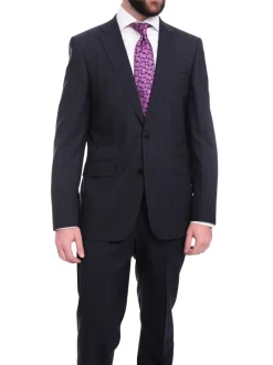 Napoli Slim Fit Navy Blue Windowpane Plaid Two Button Half Canvassed Wool Suit