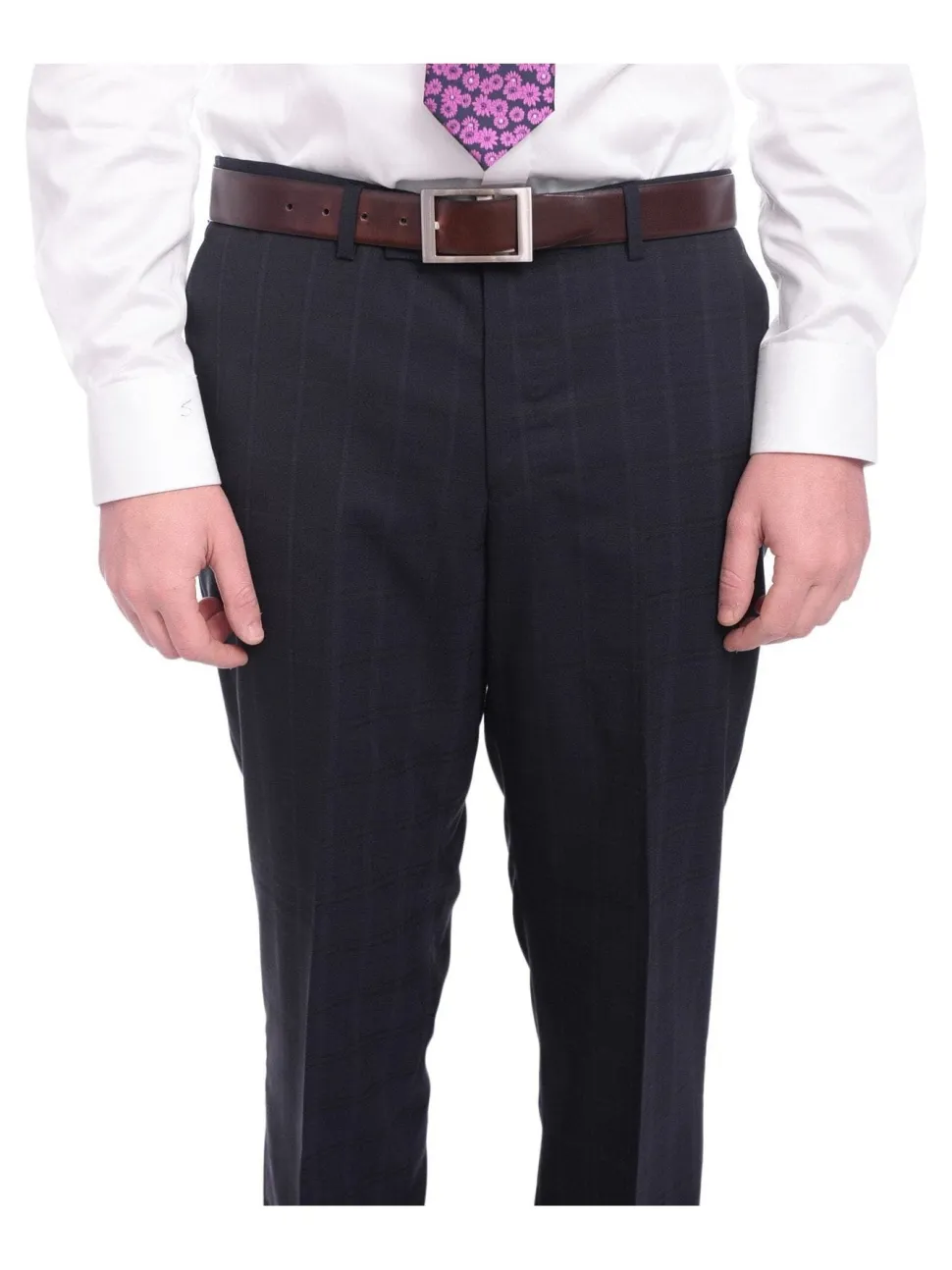 Napoli Slim Fit Navy Blue Windowpane Plaid Two Button Half Canvassed Wool Suit