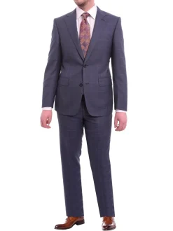 Napoli Slim Fit Navy Blue Windowpane Plaid Half Canvassed Super 160's Wool Suit