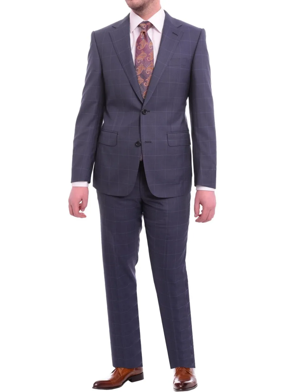Napoli Slim Fit Navy Blue Windowpane Plaid Half Canvassed Super 160's Wool Suit