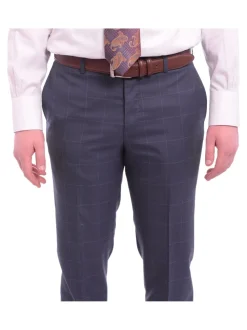 Napoli Slim Fit Navy Blue Windowpane Plaid Half Canvassed Super 160's Wool Suit