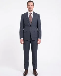 Napoli Slim Fit Navy Blue Windowpane Plaid Half Canvassed Super 160's Wool Suit