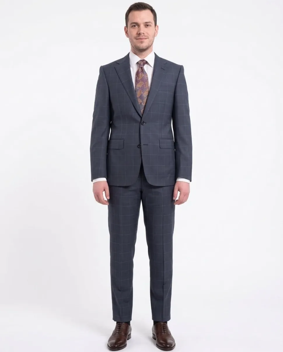 Napoli Slim Fit Navy Blue Windowpane Plaid Half Canvassed Super 160's Wool Suit