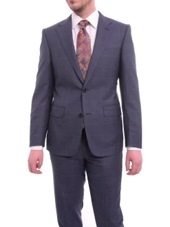 Napoli Slim Fit Navy Blue Windowpane Plaid Half Canvassed Super 160's Wool Suit