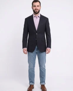 Napoli Slim Fit Navy Textured Half Canvassed Wool Silk Linen Blazer Sportcoat