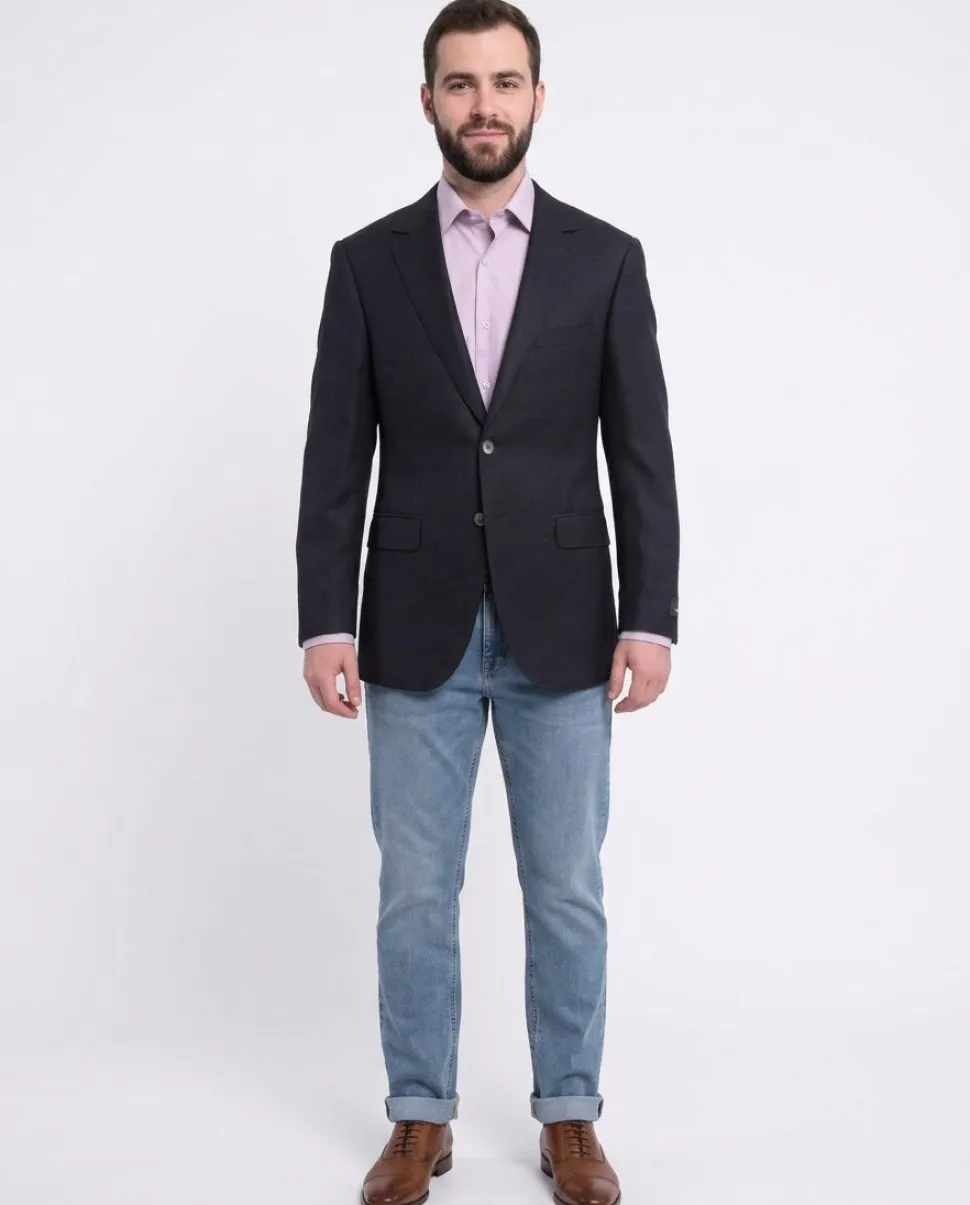 Napoli Slim Fit Navy Textured Half Canvassed Wool Silk Linen Blazer Sportcoat