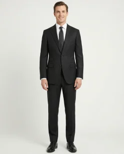 Napoli Slim Fit Solid Black Half Canvassed Wool Cashmere Suit Ticket Pocket Peak Lapel