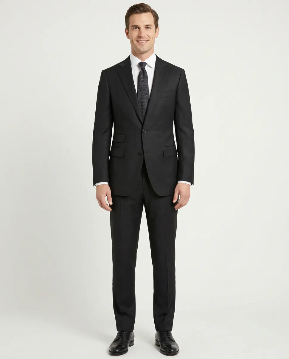 Napoli Slim Fit Solid Black Half Canvassed Wool Cashmere Suit Ticket Pocket Peak Lapel