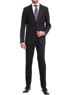 Napoli Slim Fit Solid Black Half Canvassed Wool Cashmere Suit With Peak Lapel