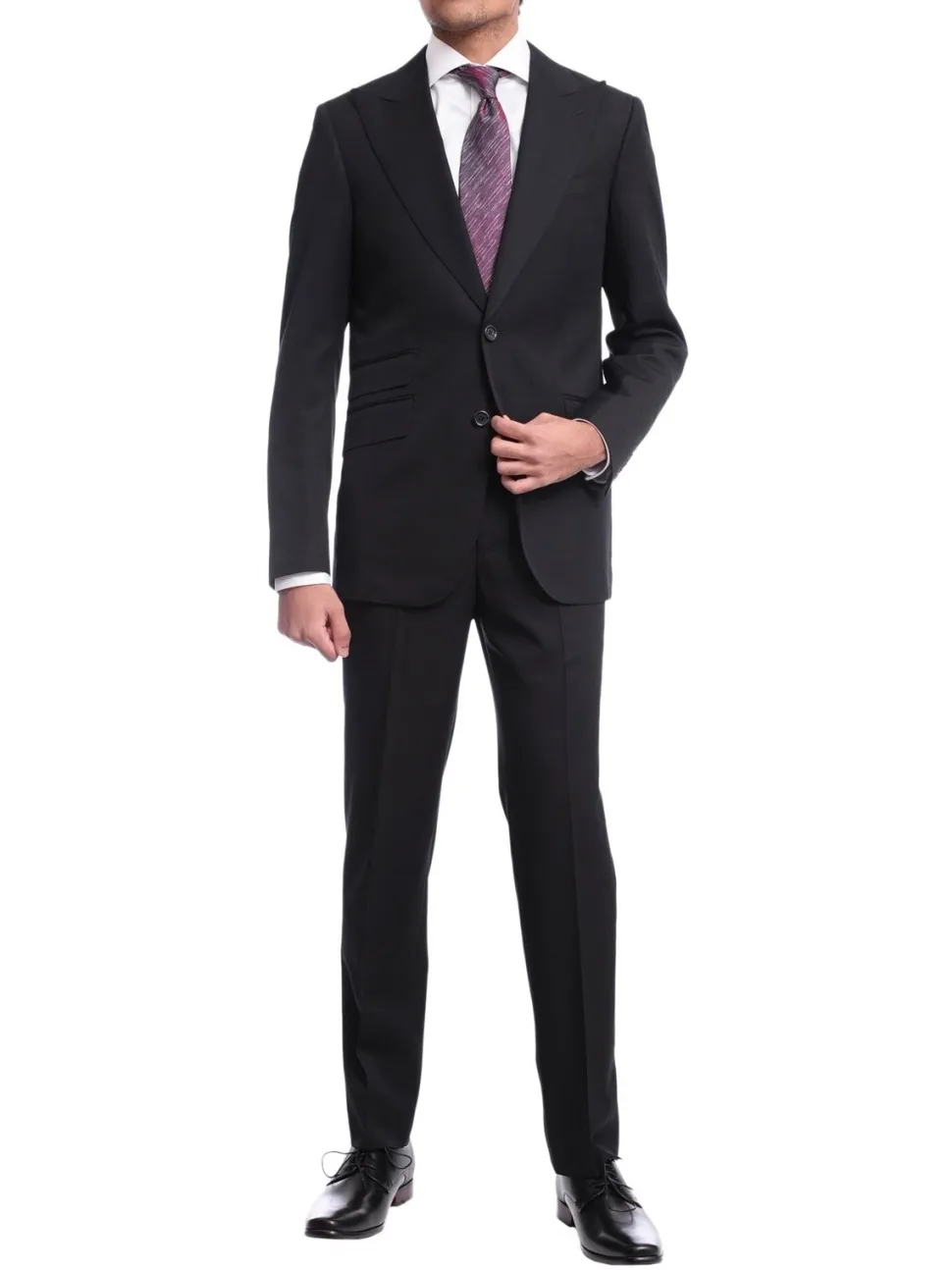 Napoli Slim Fit Solid Black Half Canvassed Wool Cashmere Suit With Peak Lapel