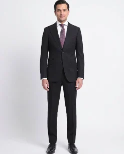 Napoli Slim Fit Solid Black Half Canvassed Wool Cashmere Suit With Peak Lapel