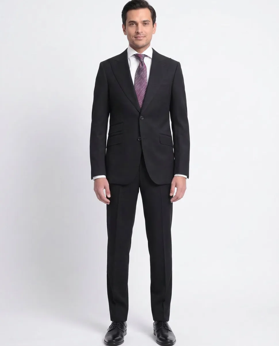 Napoli Slim Fit Solid Black Half Canvassed Wool Cashmere Suit With Peak Lapel