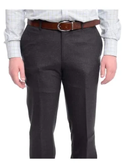 Napoli Slim Fit Solid Charcoal Gray Flat Front Flannel Wool Dress Pants