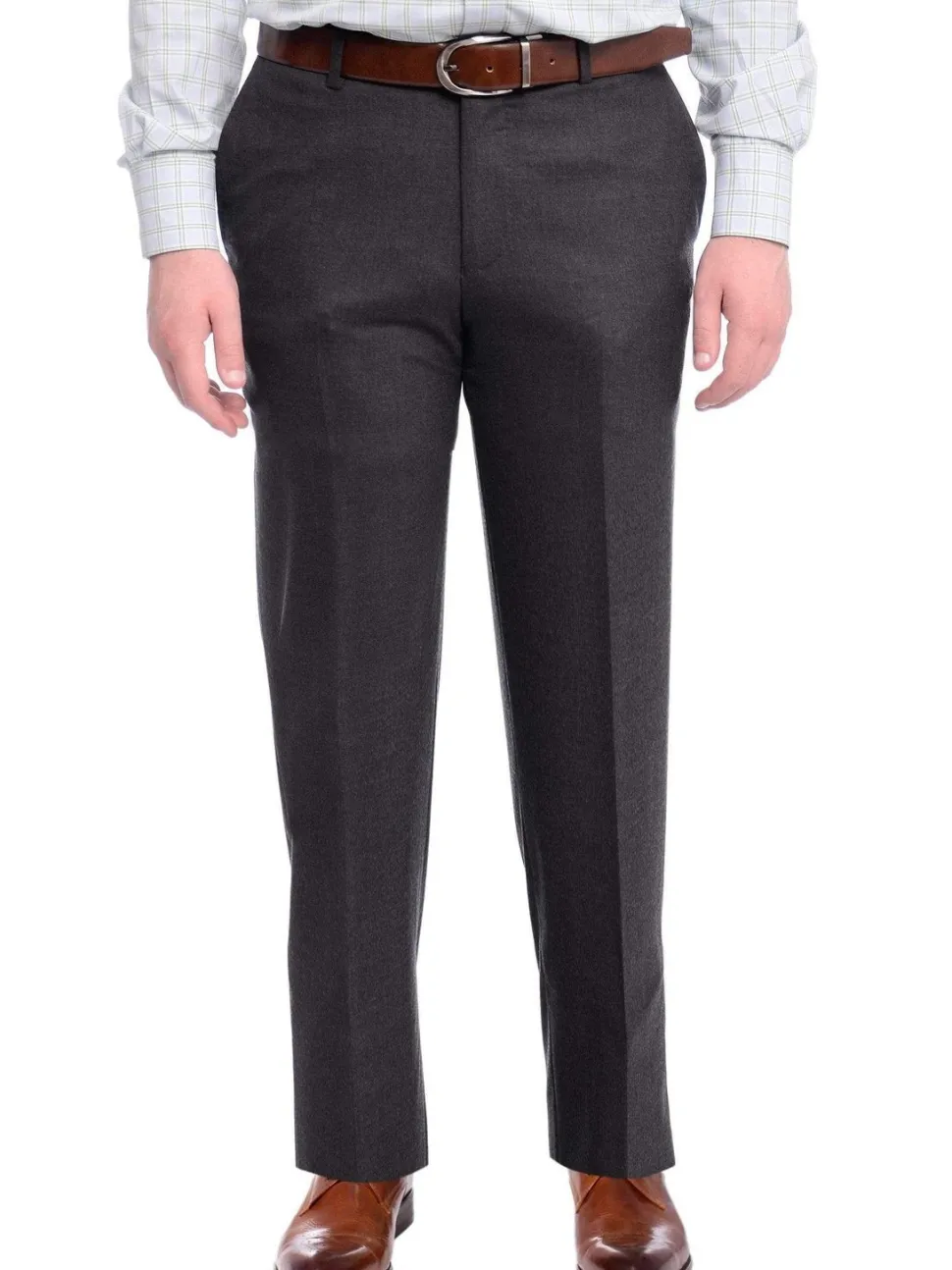 Napoli Slim Fit Solid Charcoal Gray Flat Front Flannel Wool Dress Pants