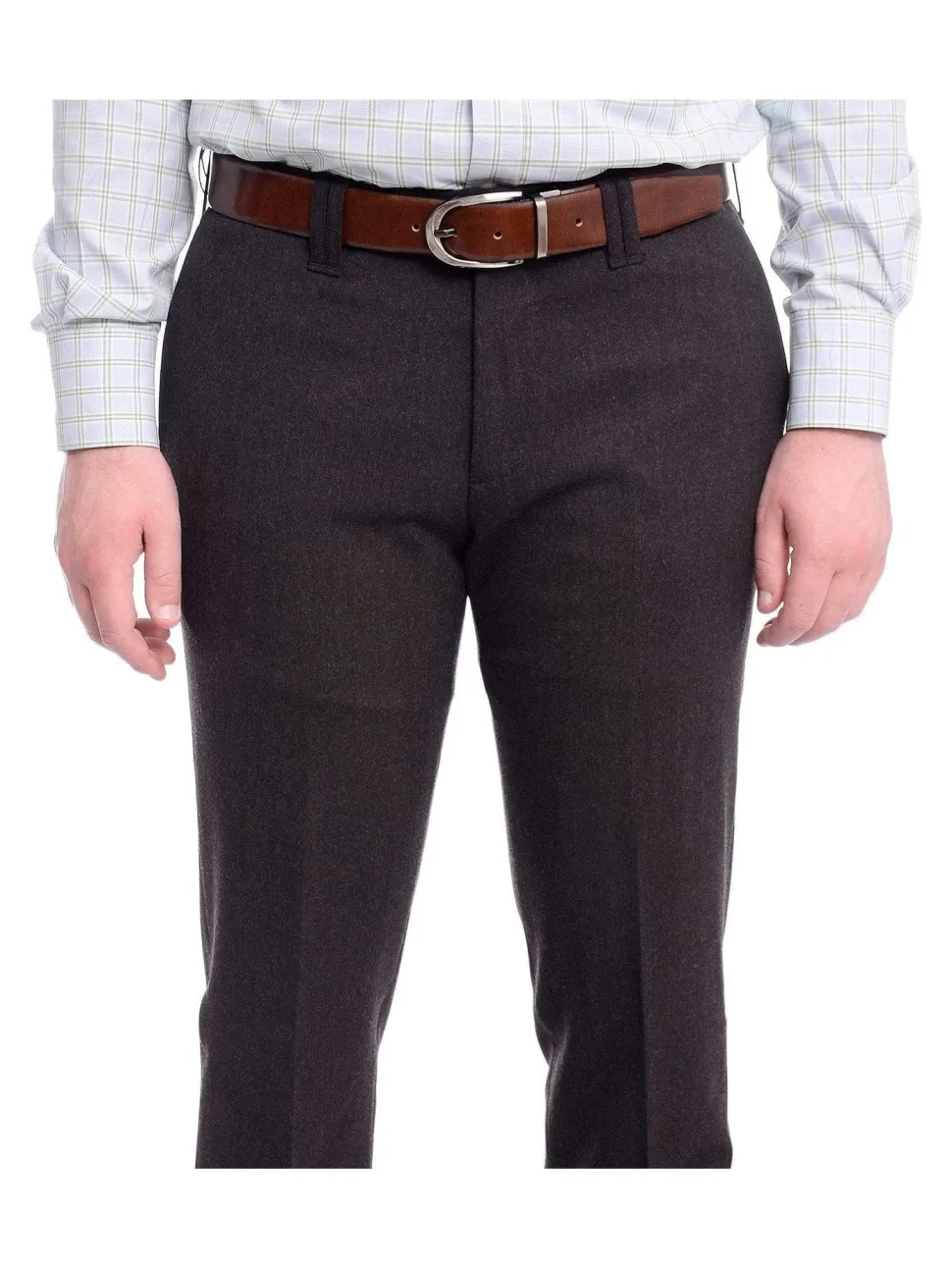 Napoli Slim Fit Solid Gray Charcoal Flat Front Flannel Wool Dress Pants