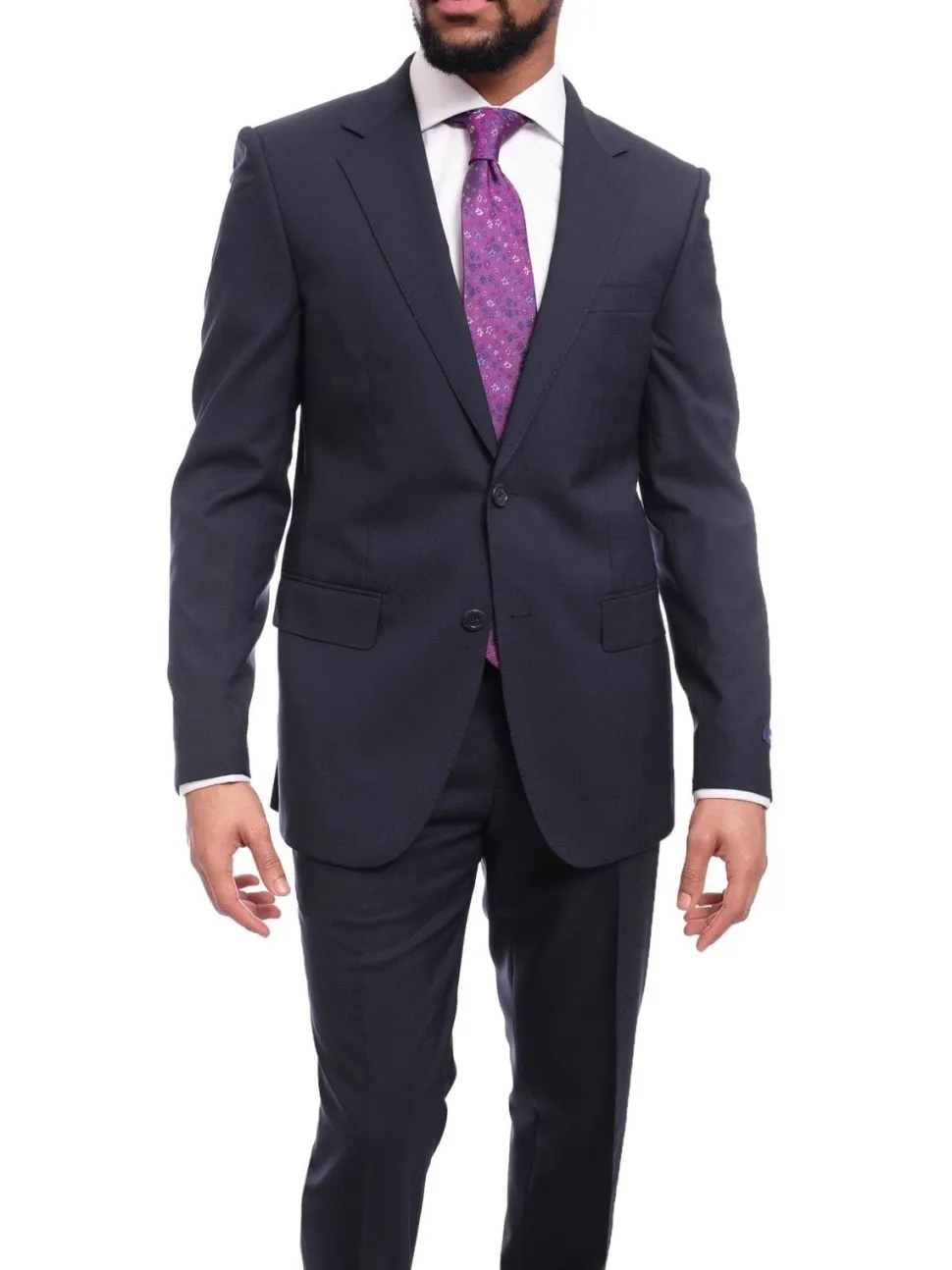Napoli Slim Fit Solid Navy Blue Two Button Half Canvassed Marzotto Wool Suit