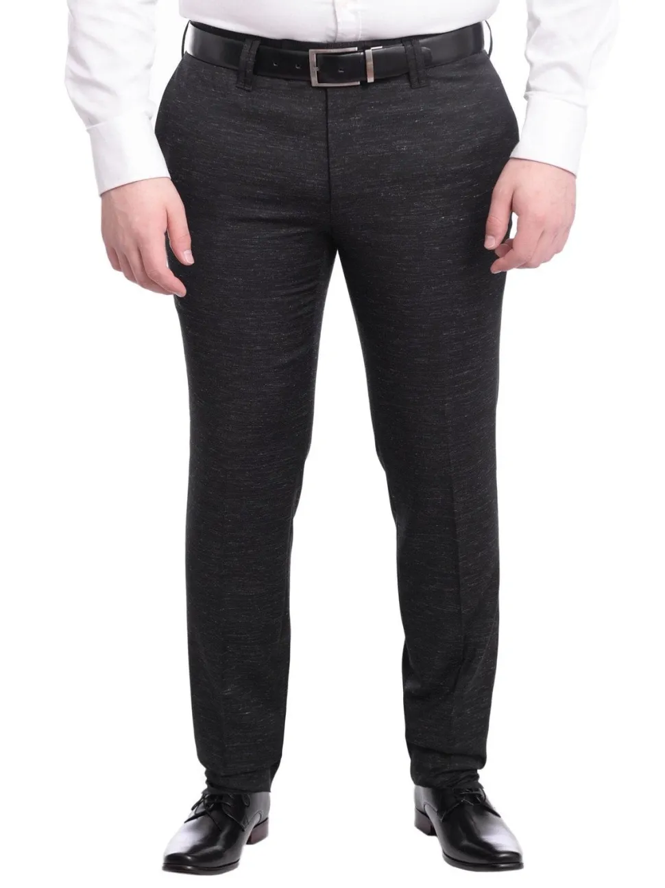 Napoli Slim Fit Textured Black Flat Front Wool Dress Pants