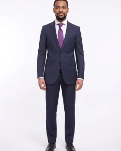 Napoli Slim Fit Textured Navy Blue Two Button Half Canvassed Marzotto Wool Suit