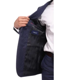 Napoli Slim Fit Textured Navy Blue Two Button Half Canvassed Marzotto Wool Suit