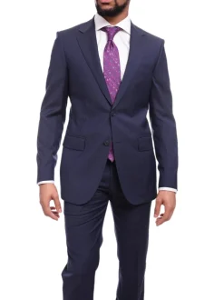 Napoli Slim Fit Textured Navy Blue Two Button Half Canvassed Marzotto Wool Suit