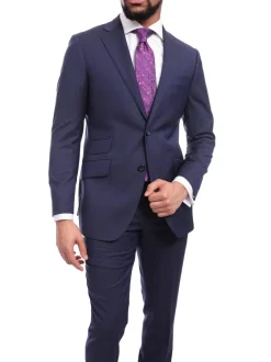 Napoli Slim Fit Textured Navy Blue Half Canvassed Wool Suit Ticket Pocket