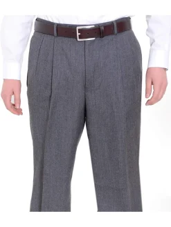 Nautica Regular Fit Gray Herringbone Pleated Wool Dress Pants
