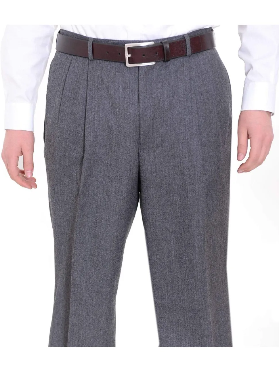 Nautica Regular Fit Gray Herringbone Pleated Wool Dress Pants
