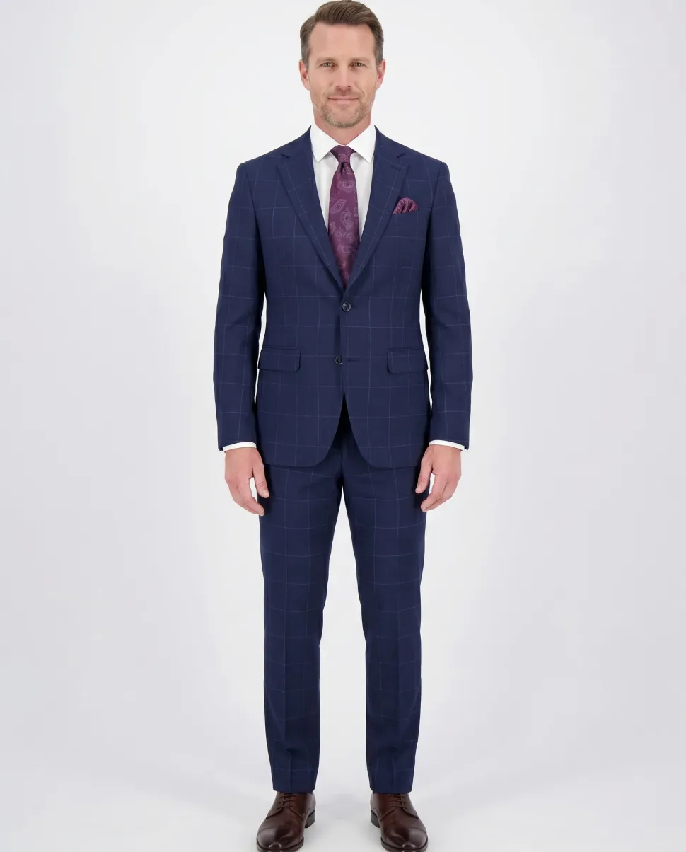 Navy Blue Check Slim Fit 100% VBC Wool Prehemmed Suit