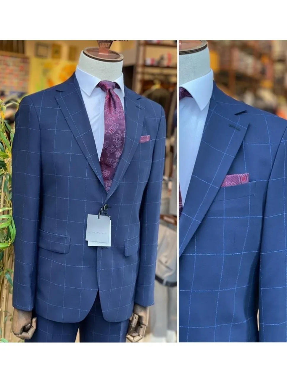 Navy Blue Check Slim Fit 100% VBC Wool Prehemmed Suit