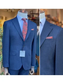 Navy Blue Pinstriped Slim Fit 100% VBC Wool Prehemmed Suit