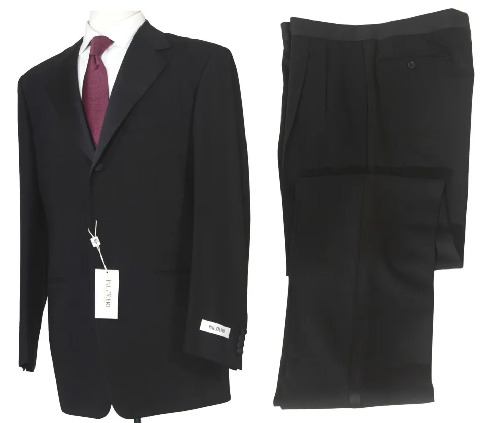 Pal Zileri Mens 40L Drop 8 Solid Black 100% Wool 2 Piece Tuxedo