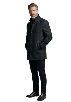 Pierre Carlos Mens Navy Blue Plaid Wool Cashmere Blend 3/4 Length Overcoat