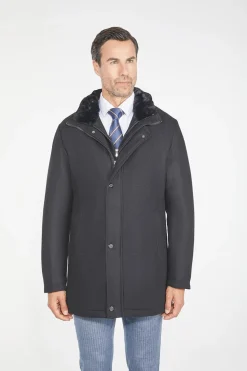 Pierre Carlos Mens Solid Black Wool Cashmere Blend 3/4 Length Overcoat