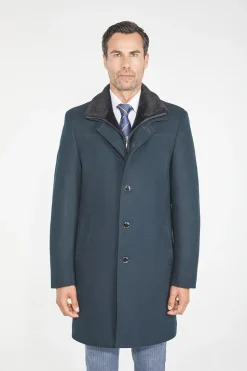 Pierre Carlos Mens Solid Green Wool Cashmere Blend 3/4 Length Overcoat